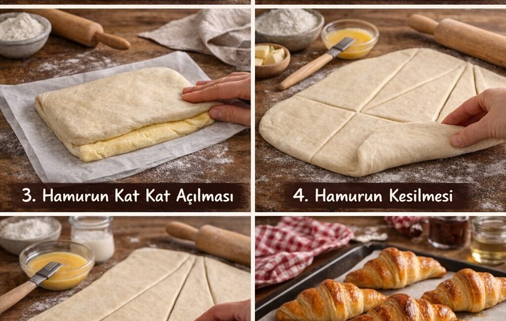 Ev Yapımı Klasik Fransız Usulü Kruvasan (Croissant) Kat kat açılan,