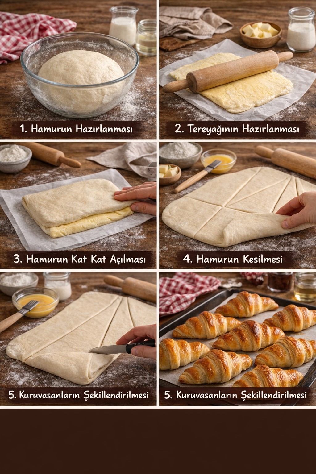 Ev Yapımı Klasik Fransız Usulü Kruvasan (Croissant) Kat kat açılan,