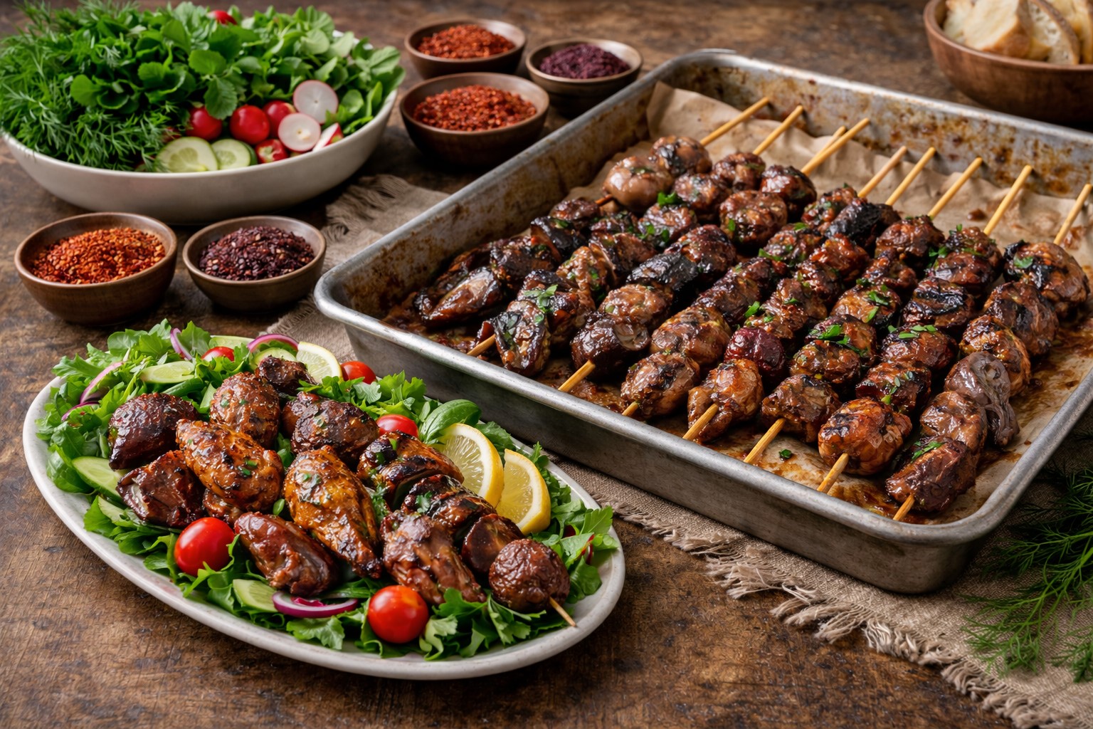 Fırında Karışık Şiş ve Tavuk Kanat Tarifi (Kalp, Böbrek, Ciğer,