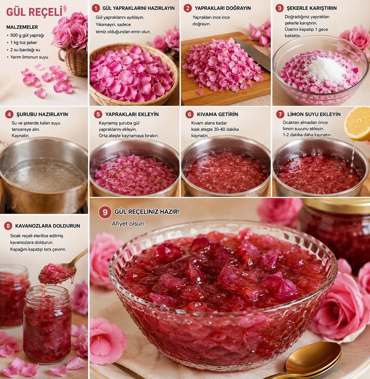 Gül Reçeli (Ölçülü Tarif) Malzemeler 250 gram kokulu pembe gül