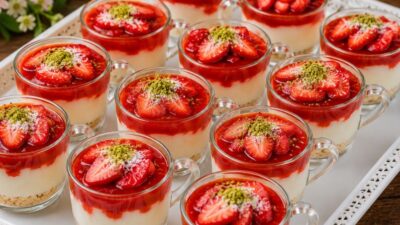 Çilekli Fincan Tatlısı Tarifi Malzemeler Muhallebisi İçin 1 litre süt